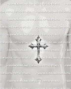 Chrome cross tattoo shown on mens sternum placement, with reflective metallic detail and centered vertical cross layout.