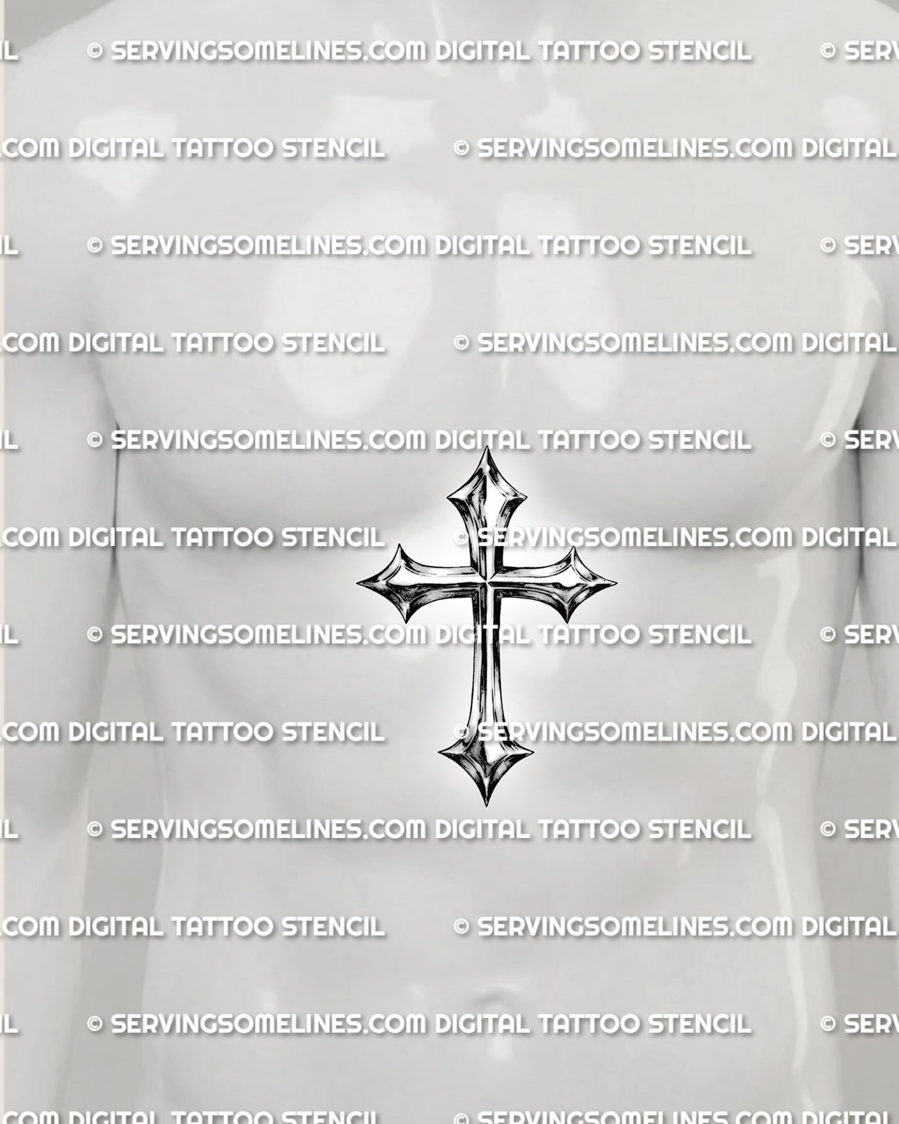 Chrome cross tattoo shown on mens sternum placement, with reflective metallic detail and centered vertical cross layout.