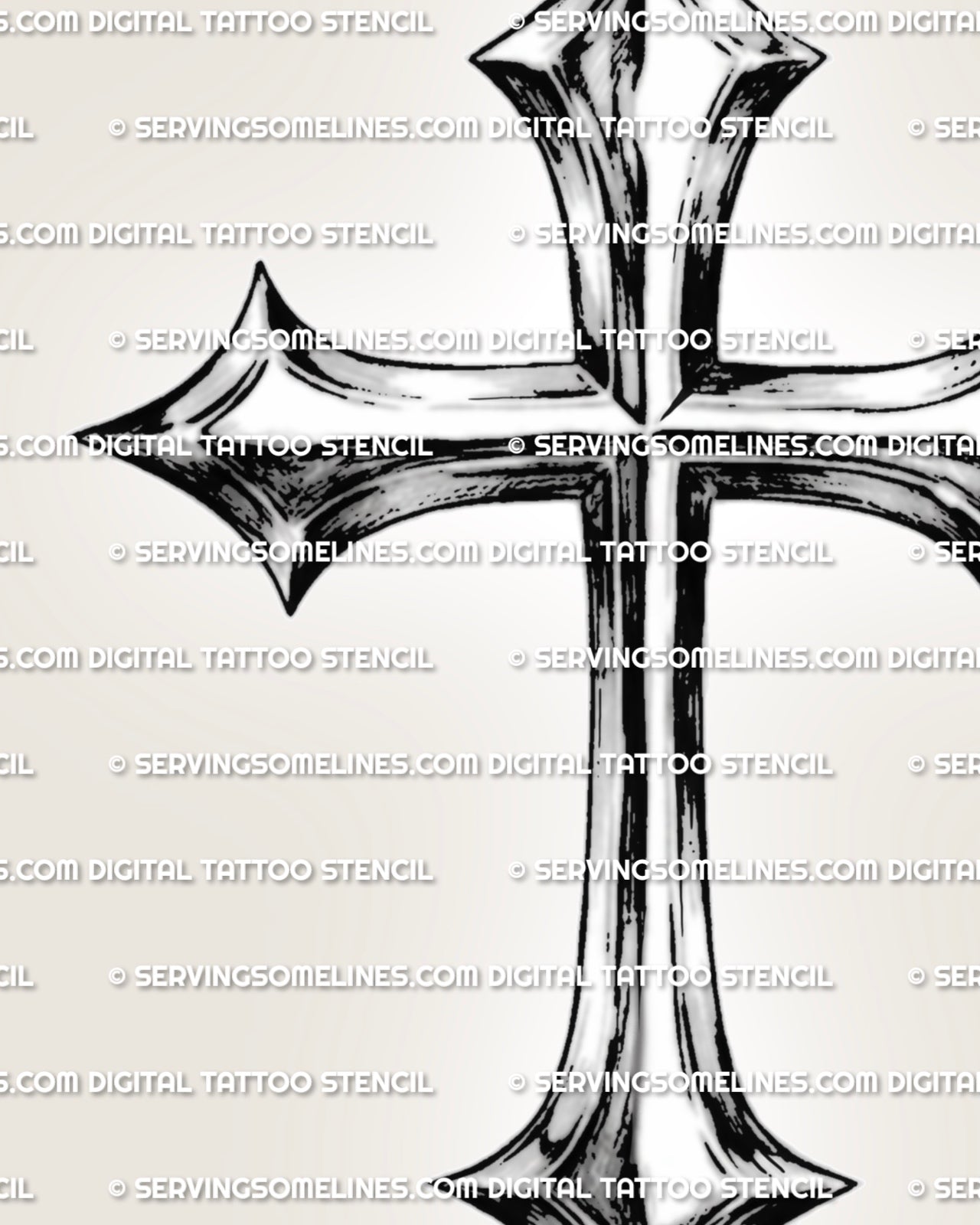 Chrome cross tattoo stencil close-up showing reflective shading, dark edge detail, pointed tips, and polished metal effect. 
