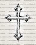 Chrome cross tattoo stencil with shiny metallic shading, pointed cross ends, dark edge detail, and printable design file. 