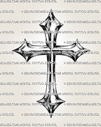 Chrome cross tattoo stencil with shiny metallic shading, pointed cross ends, dark edge detail, and printable design file. 