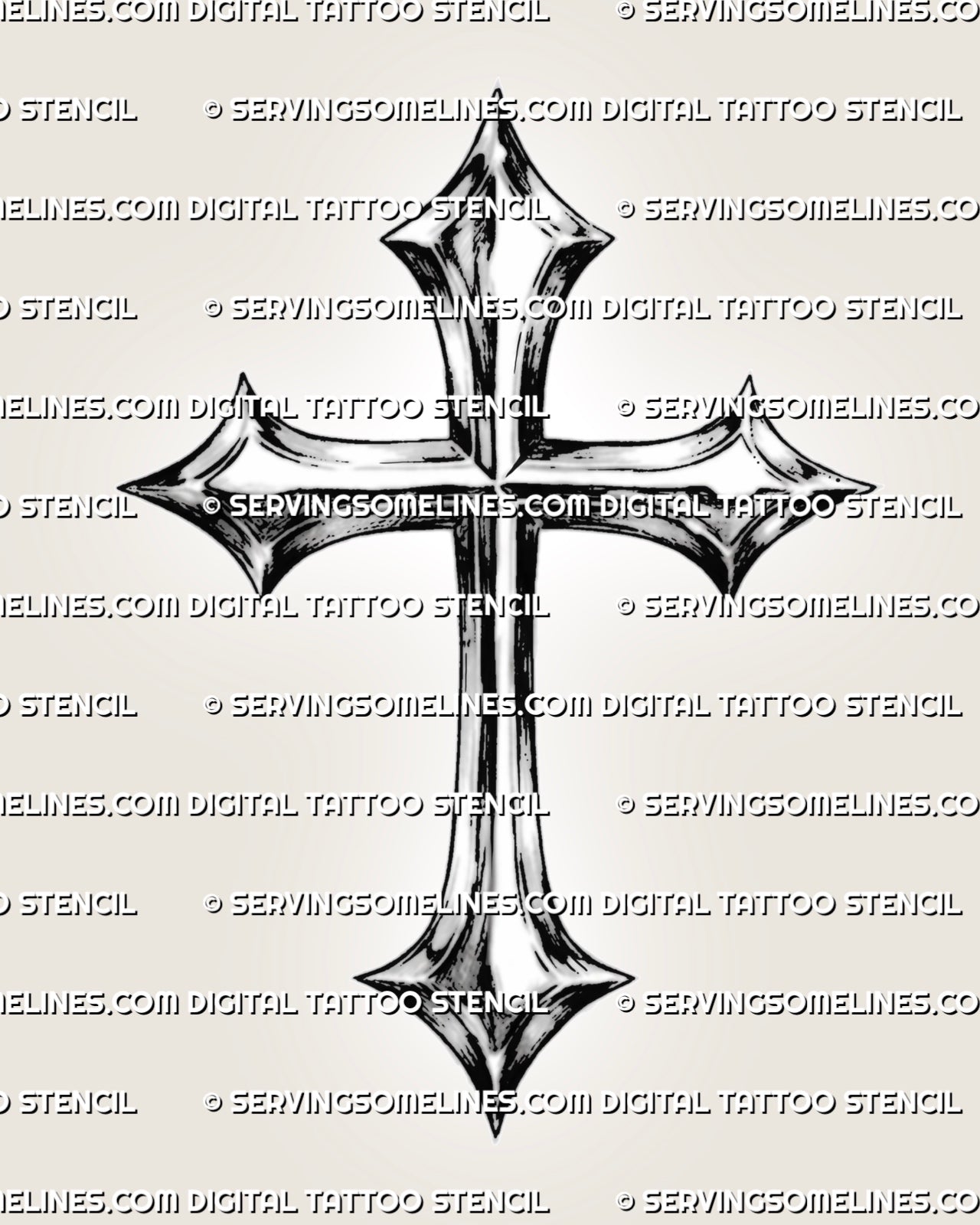 Chrome cross tattoo stencil with shiny metallic shading, pointed cross ends, dark edge detail, and printable design file. 