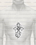Chrome heart cross tattoo shown on men’s sternum placement with flaming sacred heart center, rays, and Y2K tribal curves.