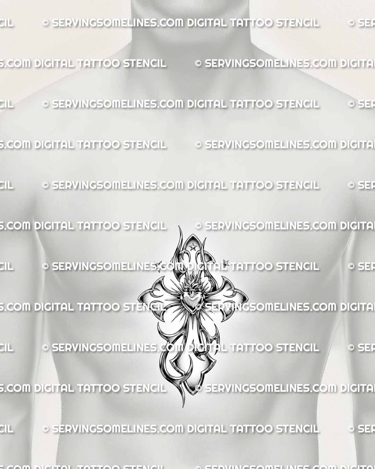 Chrome heart cross tattoo shown on men’s sternum placement with flaming sacred heart center, rays, and Y2K tribal curves.