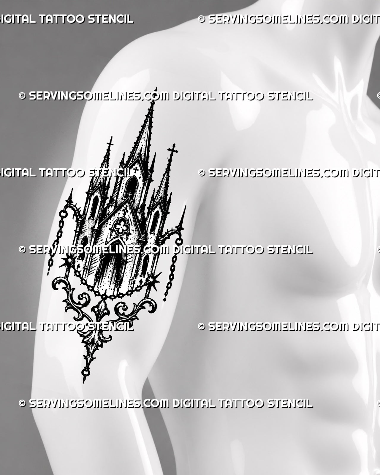 Church tattoo stencil shown on men’s arm with medieval sacred building shape, tall spires, chain ornaments, cross details, and old-world architecture