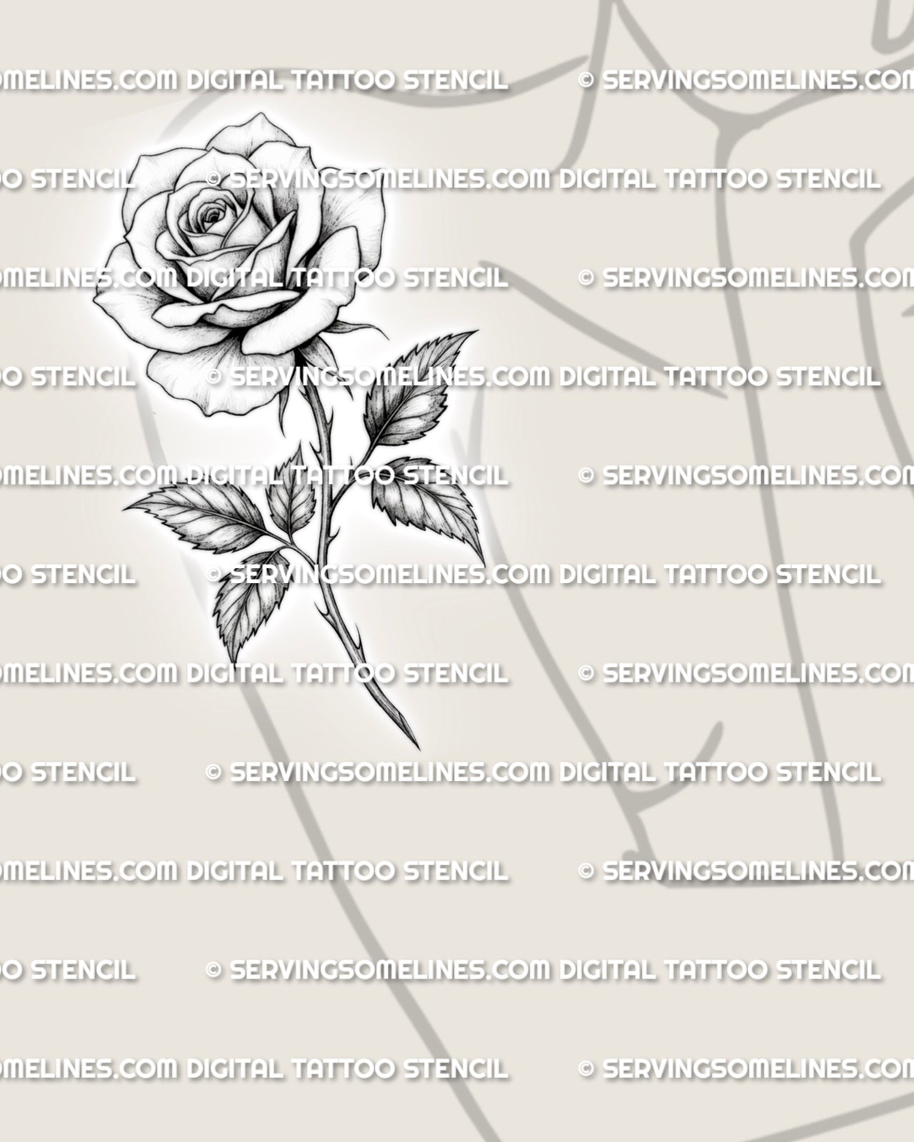 Classic rose tattoo stencil displayed on women’s arm placement with single bloom, long stem, leaves, and soft shaded petals