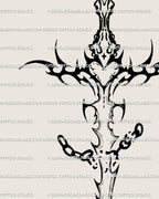 close-up of broken chain sword tattoo showing intricate blade details and heart hilt, gothic symbolic dagger art design