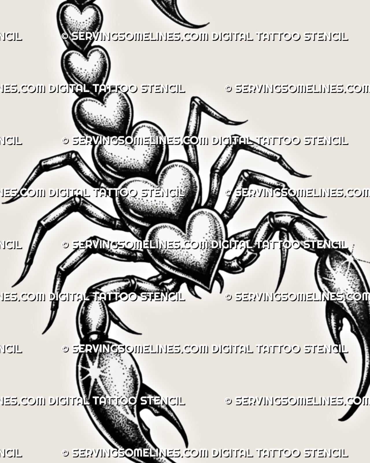 Close view of the heart shaped scorpion body, showing dotted texture, crisp black lines, curved legs, and claw detail