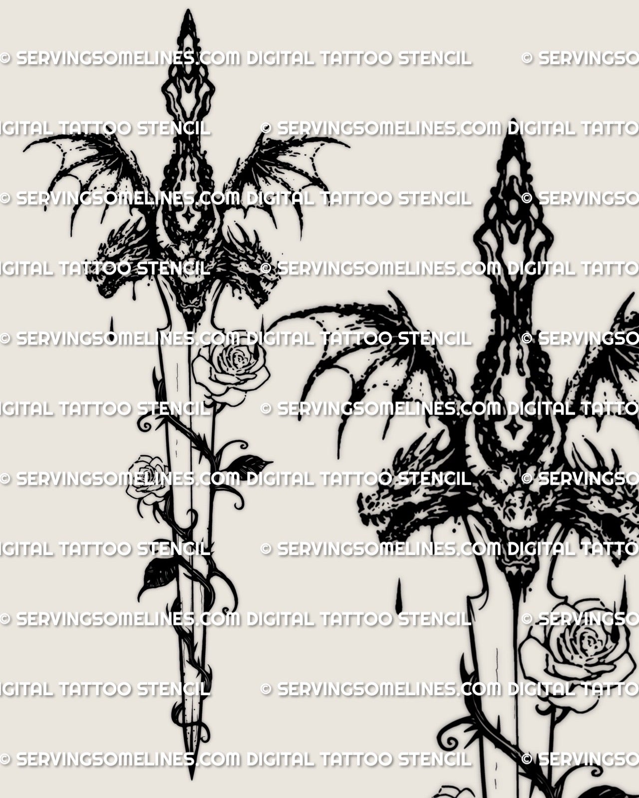 closeup of rose dagger tattoo showing thorned witchcore blade details and clean linework for precise high resolution stencil use