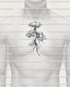Cloud lightning tattoo stencil displayed on men’s chest center, with vertical thunderbolt detail and shaded storm texture.