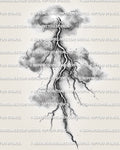 Cloud lightning tattoo stencil design with shaded storm clouds, branching thunderbolt detail, and printable tattoo download.