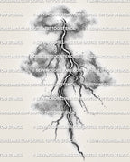 Cloud lightning tattoo stencil design with shaded storm clouds, branching thunderbolt detail, and printable tattoo download.