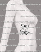 Coquette cherry tattoo displayed on female ribs placement with shaded fruit, ribbon bow, and black and white stencil detail.