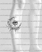 Crescent moon eye tattoo stencil shown on calf placement, with cyber sigil spikes, star accents, and readable eye detail 
