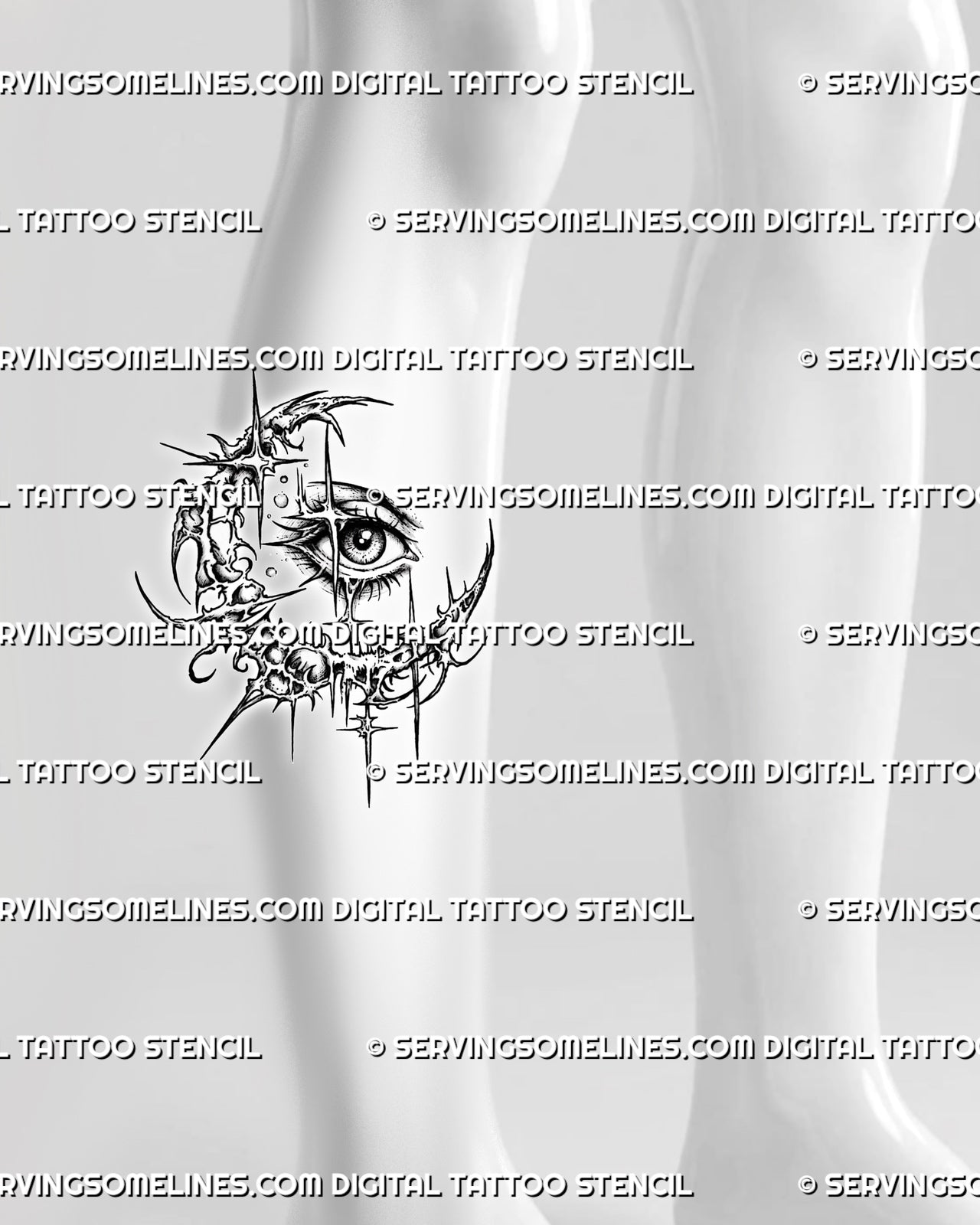 Crescent moon eye tattoo stencil shown on calf placement, with cyber sigil spikes, star accents, and readable eye detail 