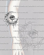 Cybersigilism crescent moon eye tattoo stencil shown on forearm placement, with eye center, crescent moon frame, and sharp sigil detail