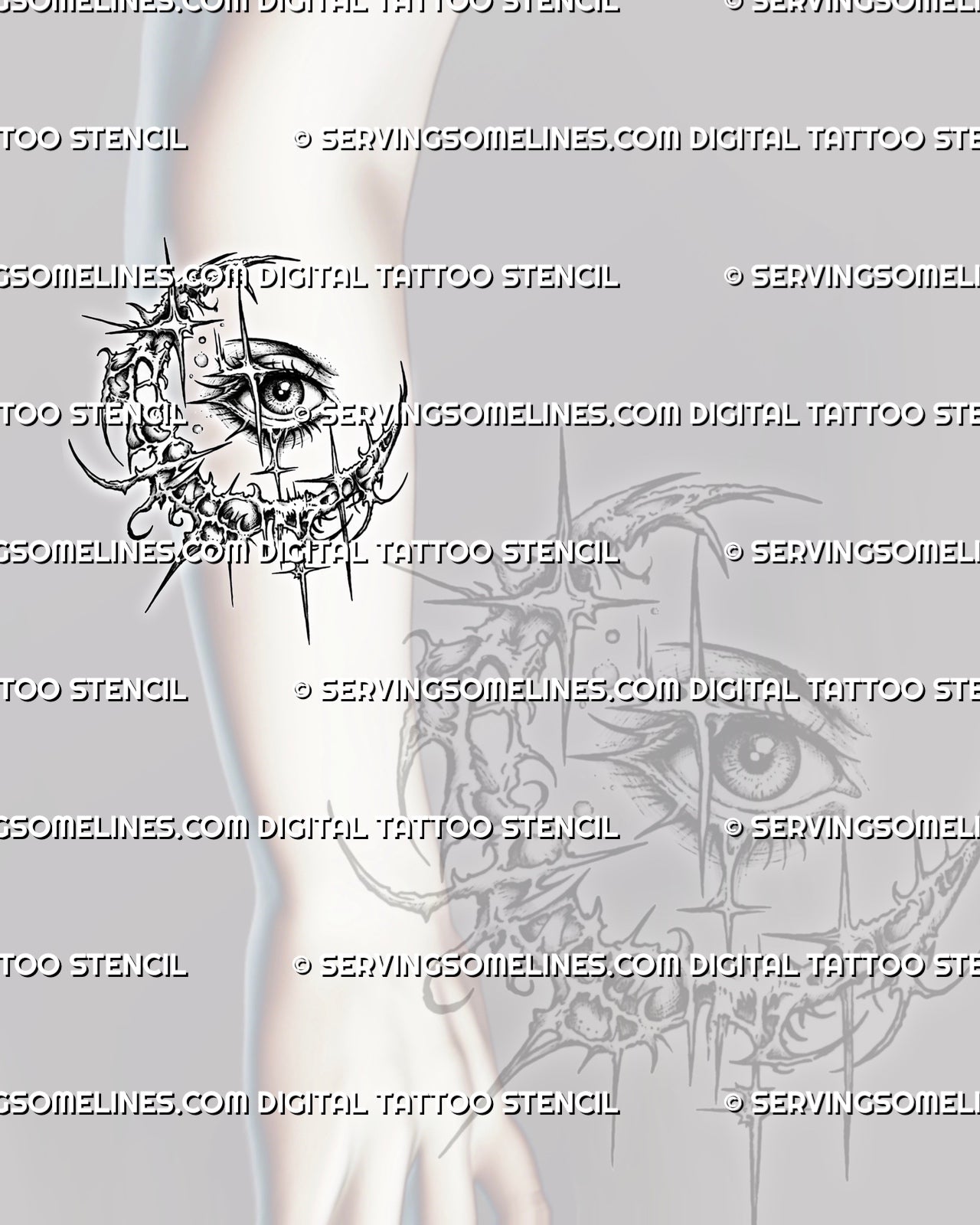 Cybersigilism crescent moon eye tattoo stencil shown on forearm placement, with eye center, crescent moon frame, and sharp sigil detail