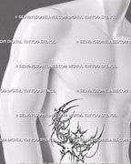Crescent moon tattoo stencil shown on men’s ribs with moon and stars design, sharp cyber sigil curves, hanging chain, and celestial ornament
