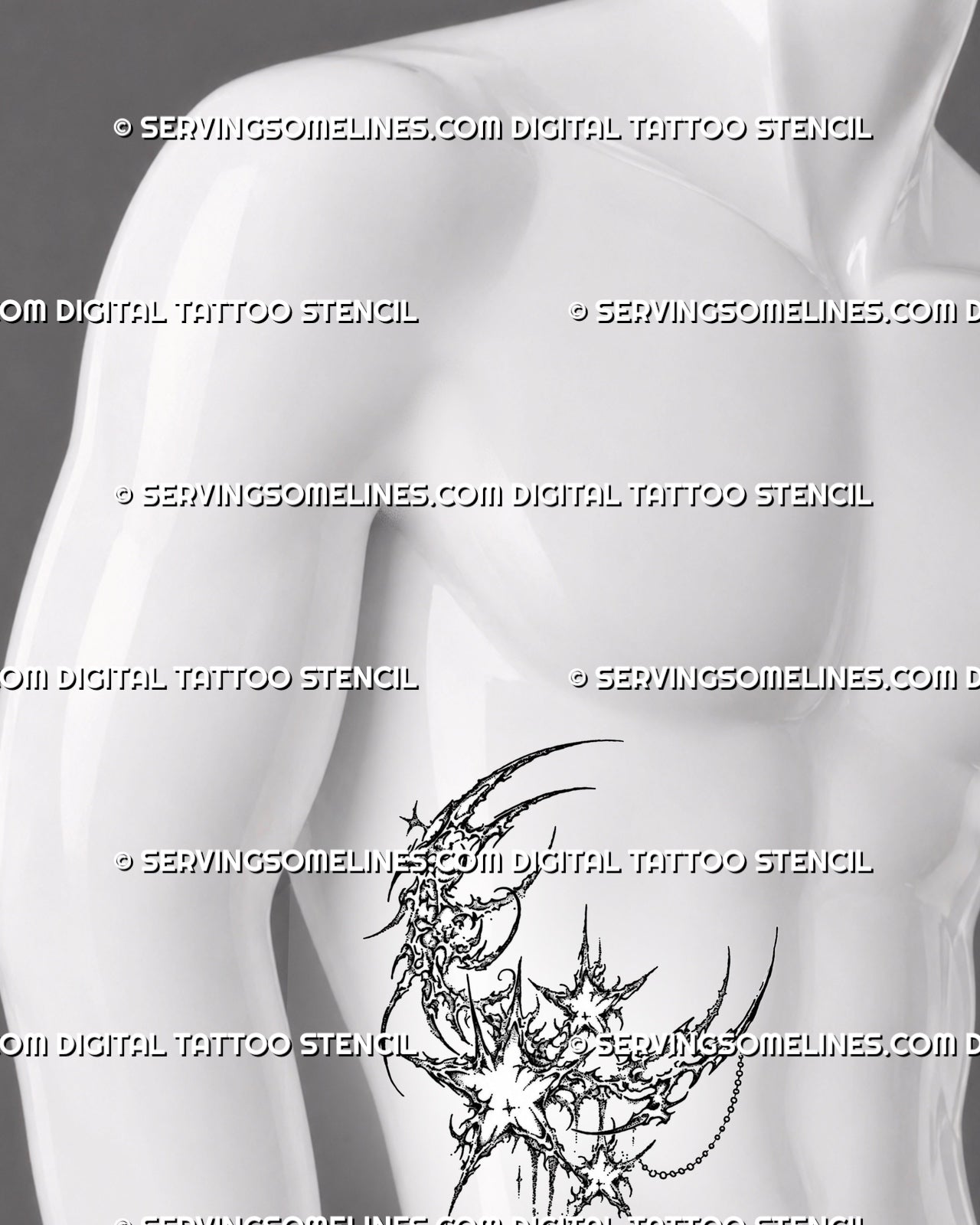 Crescent moon tattoo stencil shown on men’s ribs with moon and stars design, sharp cyber sigil curves, hanging chain, and celestial ornament