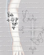 Cross butterfly tattoo displayed on forearm placement, vertical stencil shape with soft butterflies and clear shaded cross detail.