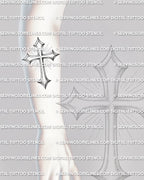 Cross tattoo stencil shown on forearm placement, with pointed ends, shaded detail, and clear radiant ray lines.