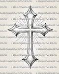 Cross tattoo stencil with pointed ends, shaded linework, radiant rays, and clean printable cross design file. 