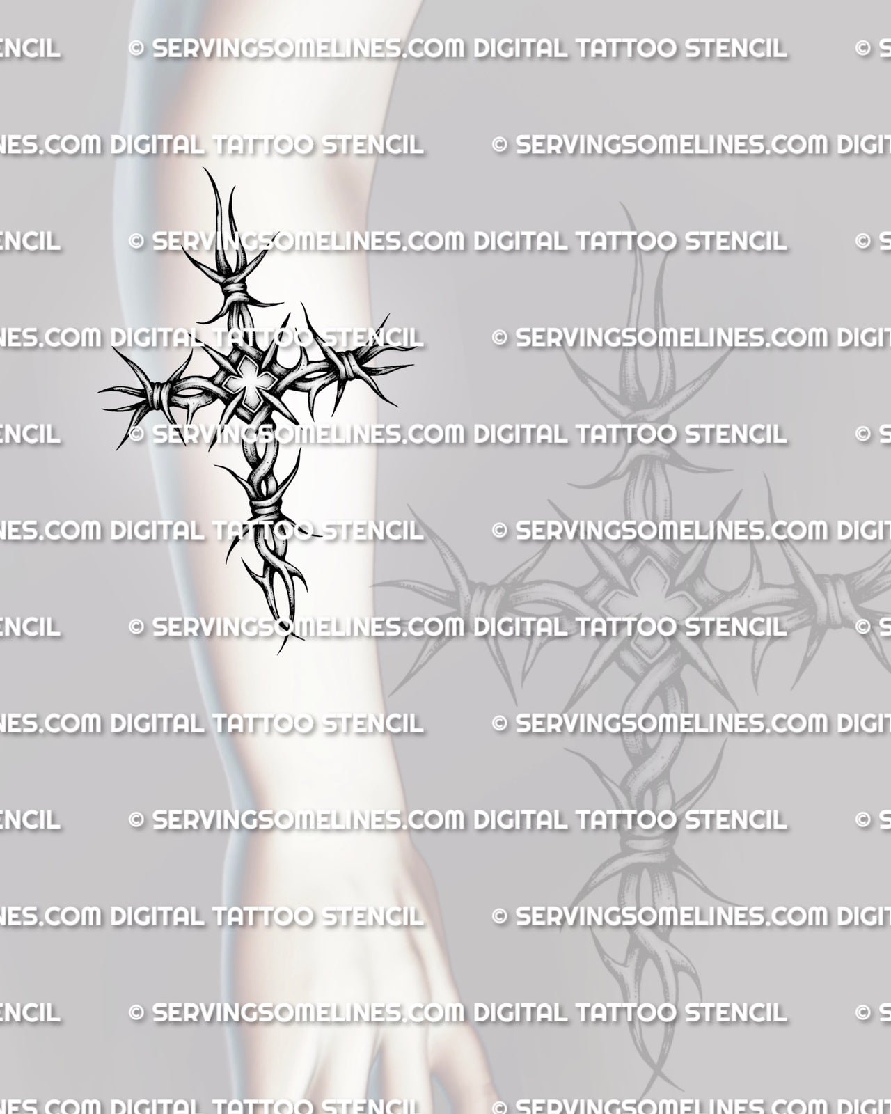 Cross with barbed wire tattoo shown on forearm placement with twisted strands, pointed spikes, and clear vertical shape
