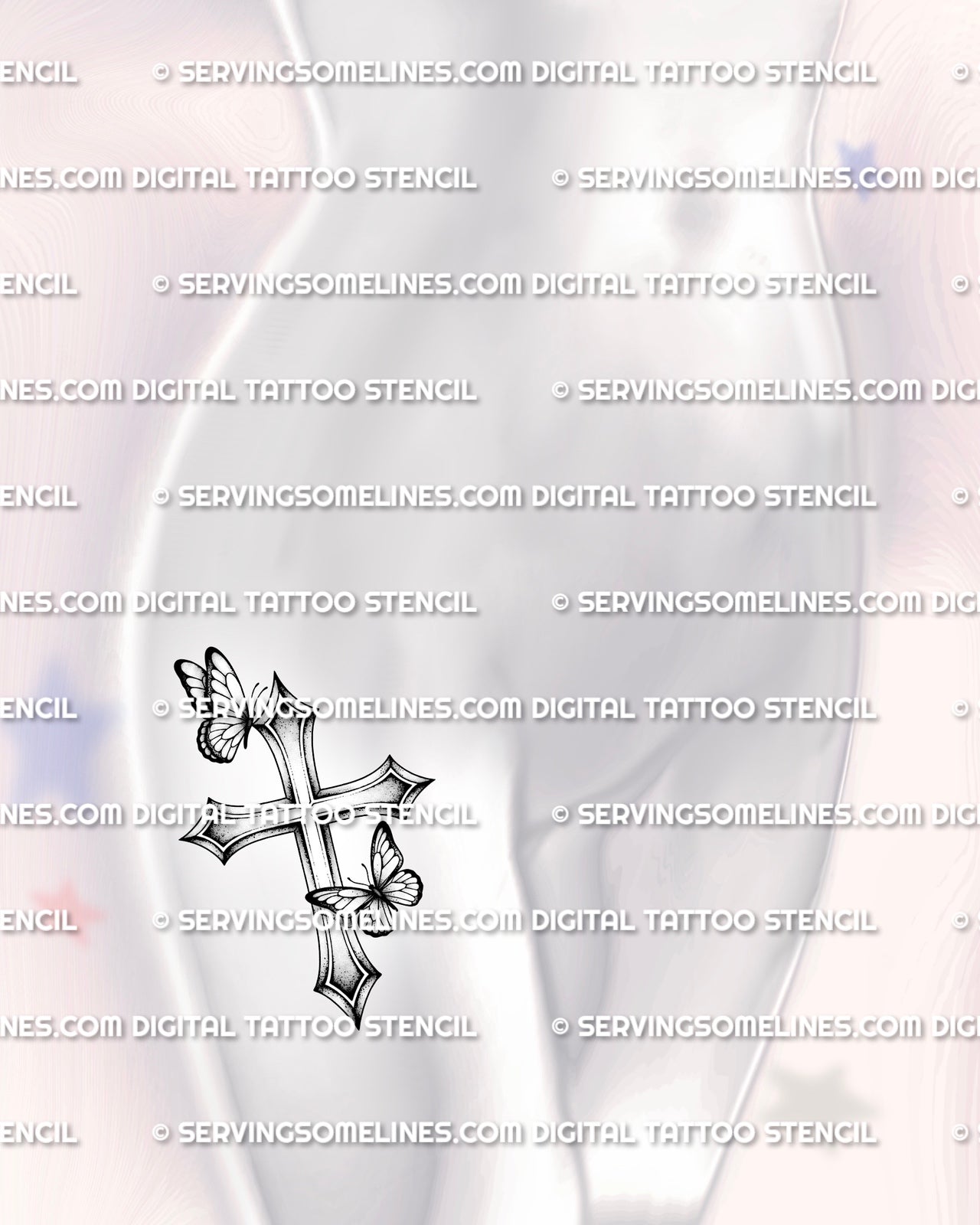 Cross with butterfly tattoo shown on womens hip placement, with a vertical shaded cross shape and two soft butterfly details.