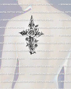 Gothic cross and rose tattoo stencil shown on men’s shoulder placement with central rose detail