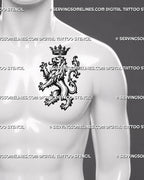 Crowned lion tattoo stencil shown on men’s side chest with medieval heraldic lion, floating crown, raised claws, ornamental tail, and royal tattoo for men placement