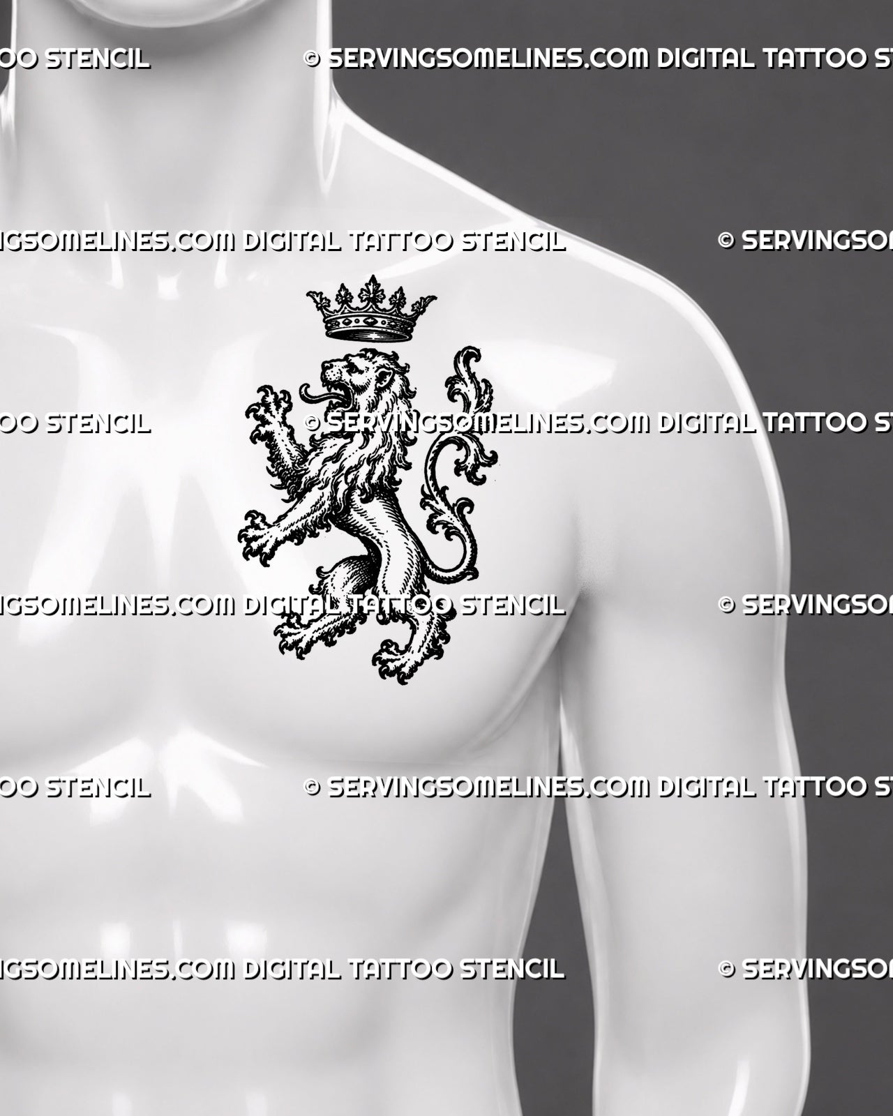 Crowned lion tattoo stencil shown on men’s side chest with medieval heraldic lion, floating crown, raised claws, ornamental tail, and royal tattoo for men placement