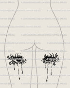 Cry baby eyes tattoo design split across both thighs, one eye per side; playful yet moody teardrop details create a balanced alt-girl look.