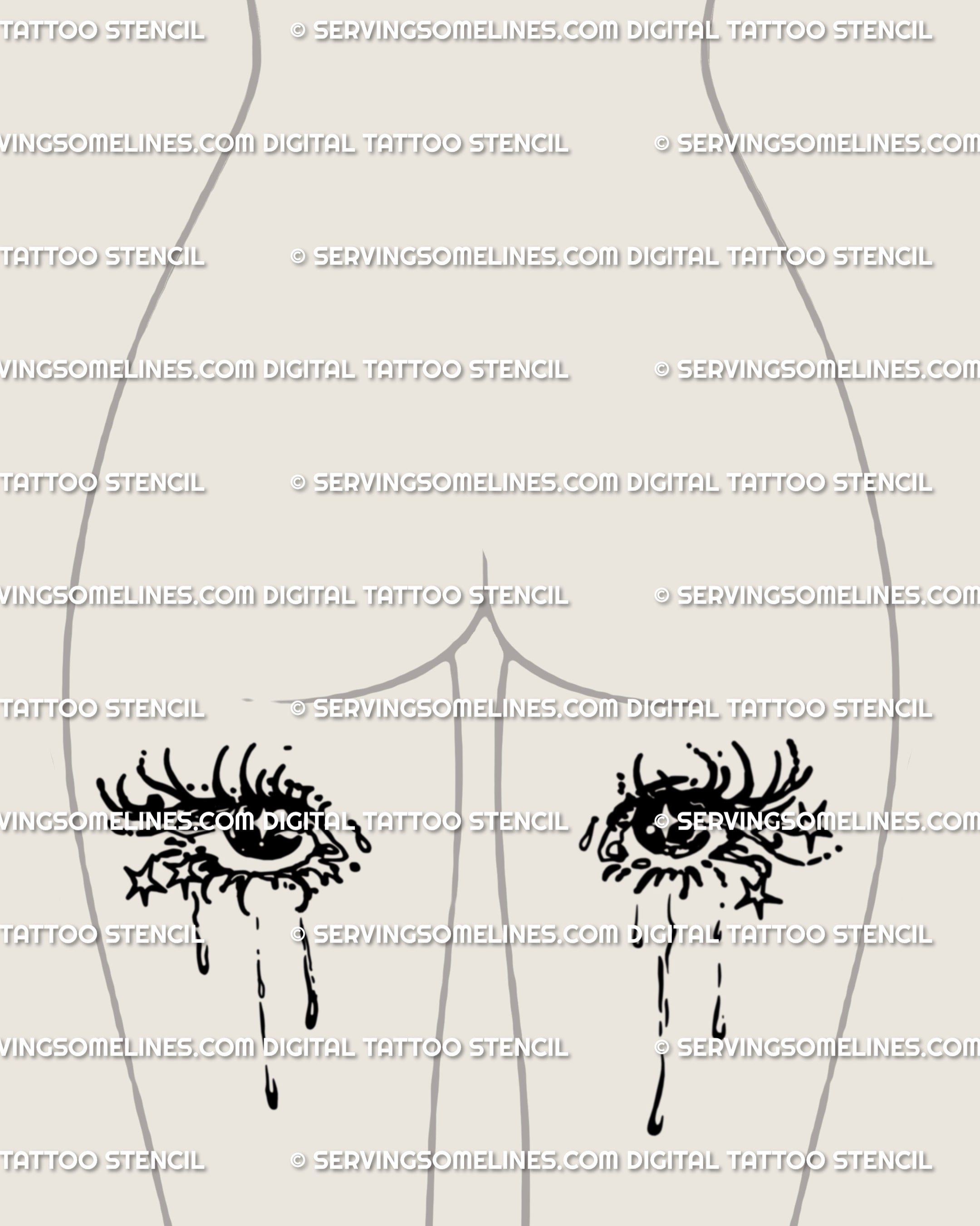 Cry baby eyes tattoo design split across both thighs, one eye per side; playful yet moody teardrop details create a balanced alt-girl look.