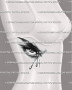Crying angel eye tattoo shown on feminine side ribs, with teary eye detail, dotted shading, star highlights, and falling tears.