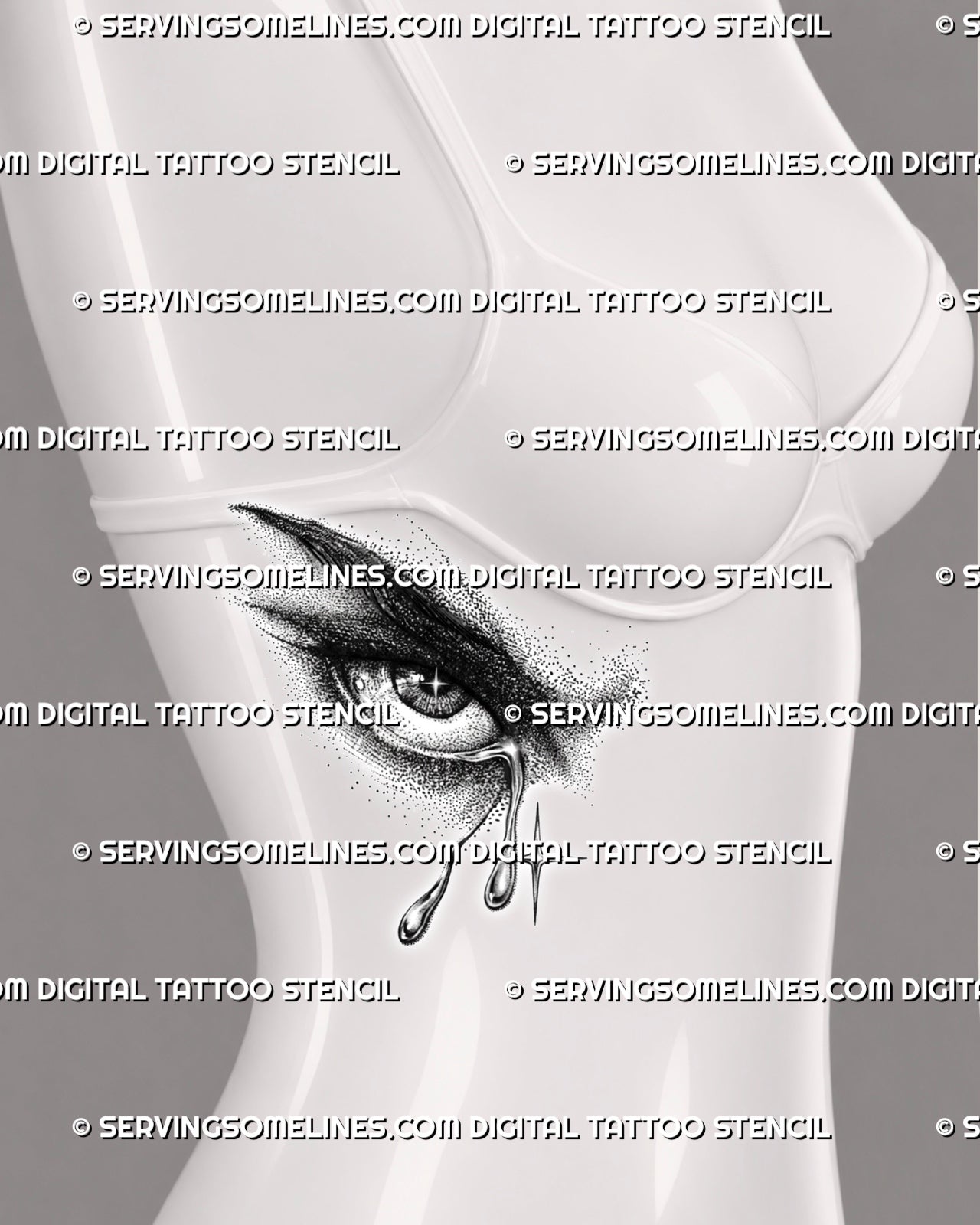 Crying angel eye tattoo shown on feminine side ribs, with teary eye detail, dotted shading, star highlights, and falling tears.