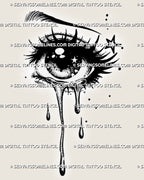Close-up of sad anime eyes stencil with teary manga pupils, long lashes, tiny stars, dotted shading, and clean black linework.