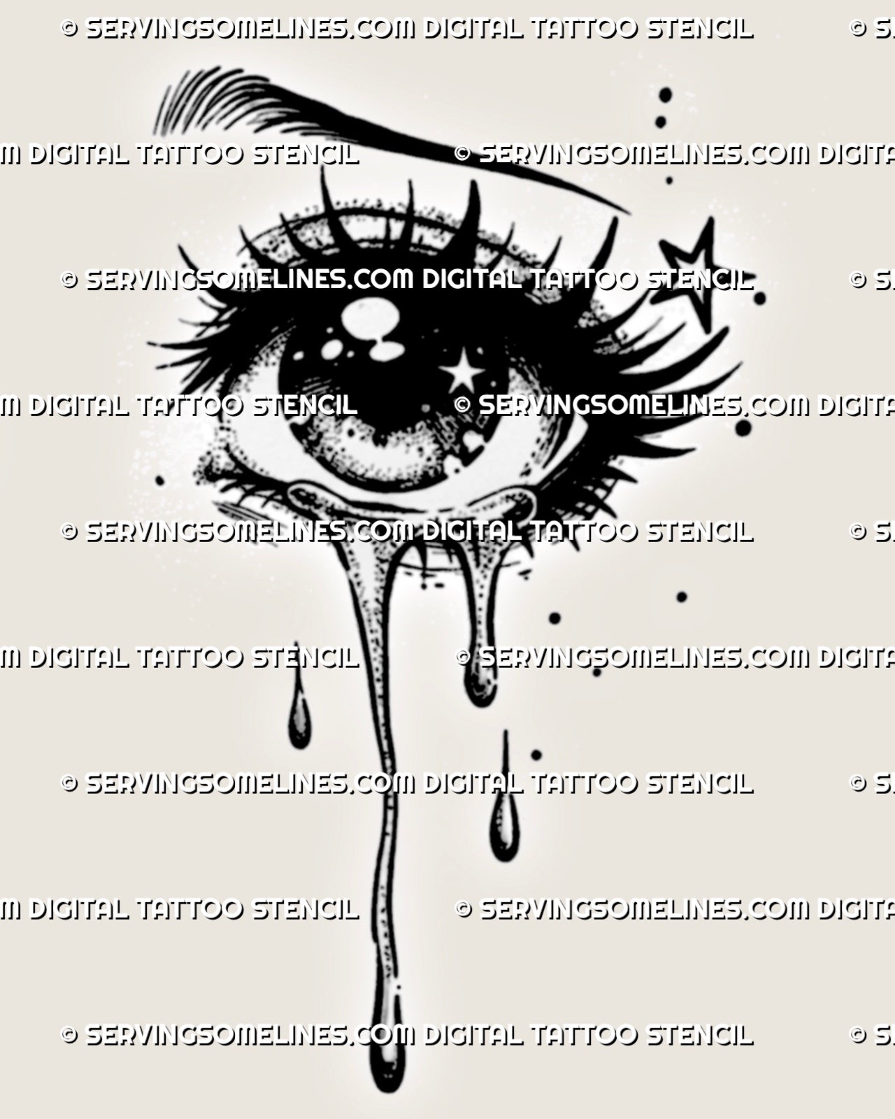 Close-up of sad anime eyes stencil with teary manga pupils, long lashes, tiny stars, dotted shading, and clean black linework.