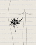 Feminine back of thigh tattoo display showing crying third eye design with gothic tribal elements and dark aura neotribal stencil linework.