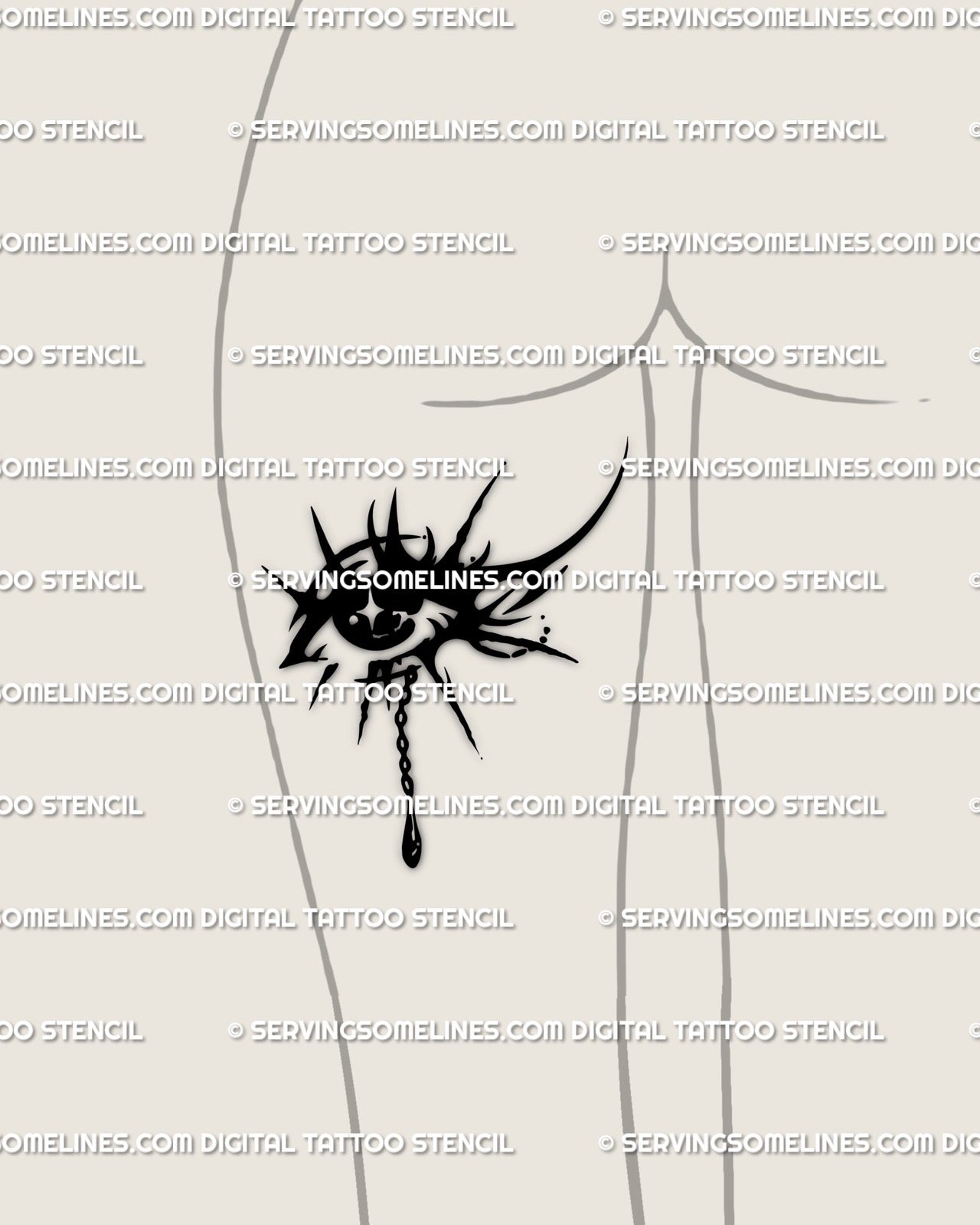 Feminine back of thigh tattoo display showing crying third eye design with gothic tribal elements and dark aura neotribal stencil linework.