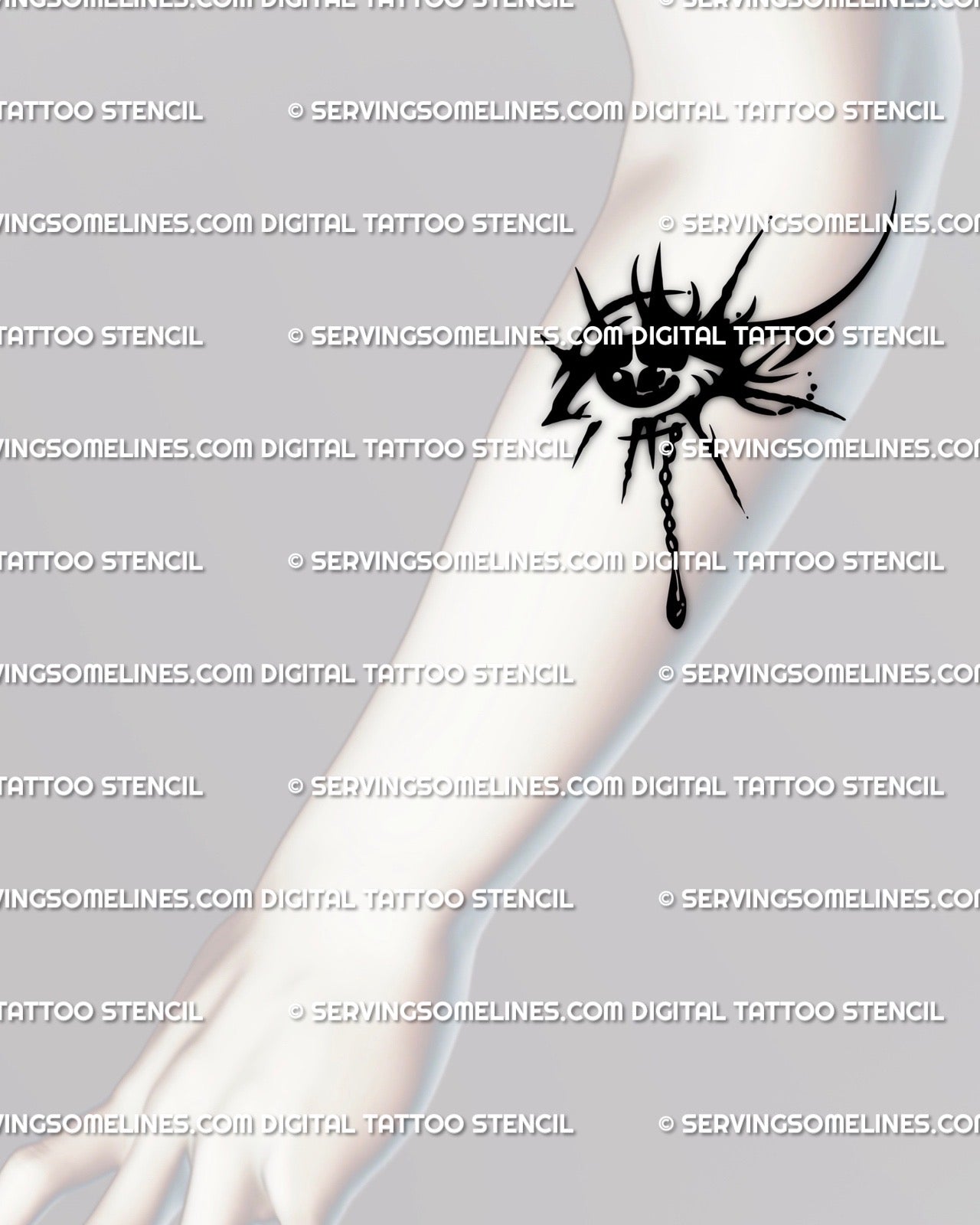 Forearm tattoo display of crying eye with gothic third eye symbolism and neotribal black linework.