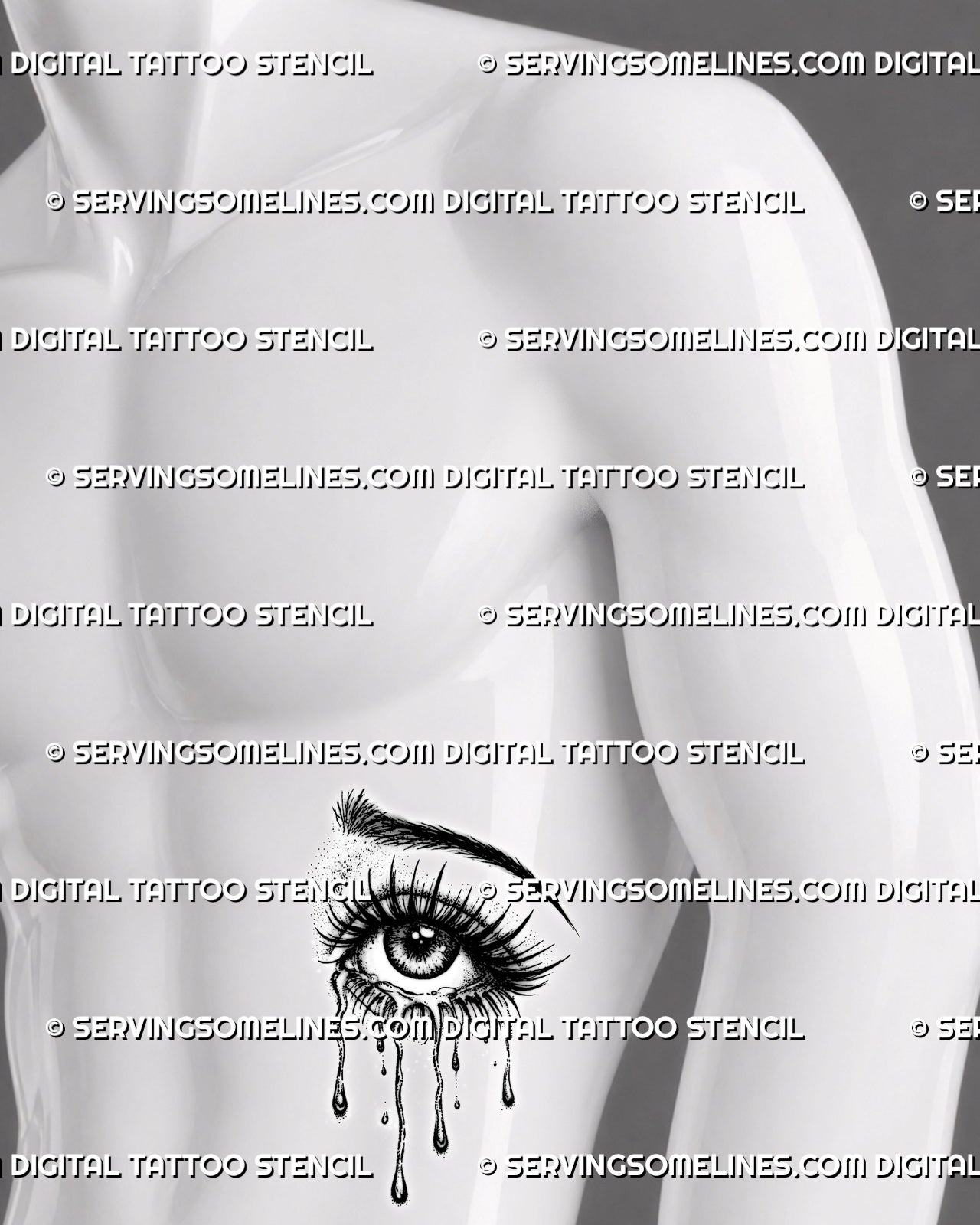 Crying eye tattoo preview on men’s ribs, with vertical tears, arched brow, dotted texture, and clear single-eye stencil detail.