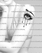 Crying eye tattoo preview on women’s arm, showing sharp lashes, glossy pupil detail, dotted texture, and long falling tears.