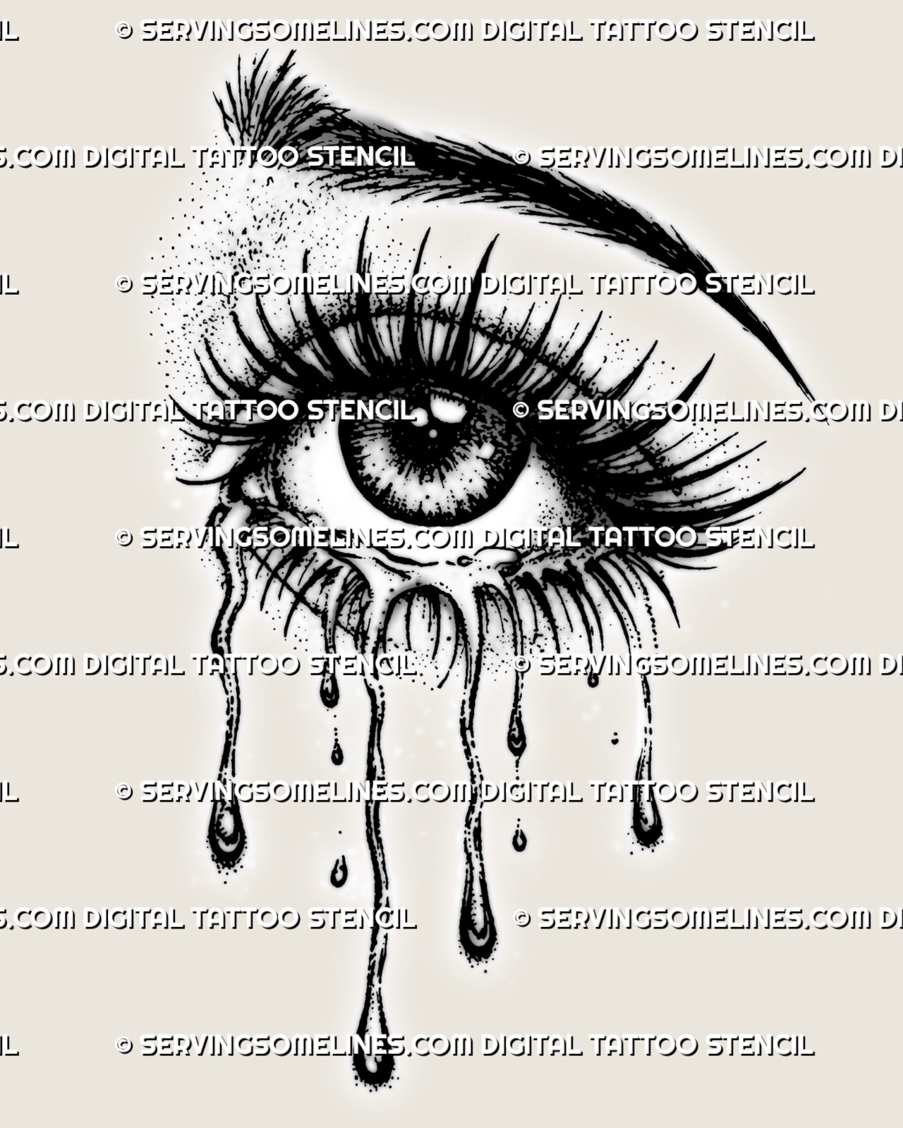 Crying eye tattoo stencil download with long lashes, arched brow, dotted shading, glossy pupil detail, and heavy dripping tears.