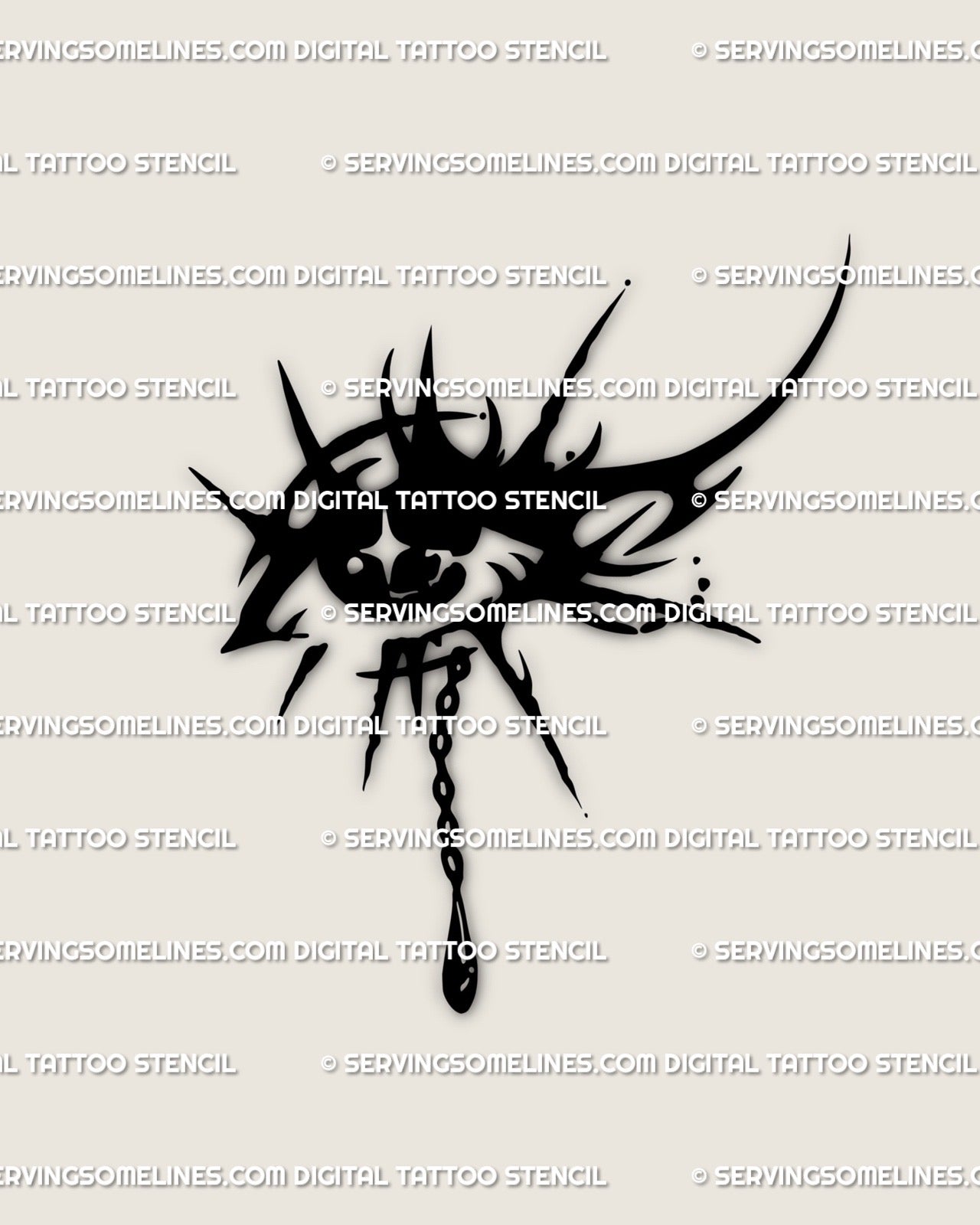 Neotribal crying eye tattoo stencil with gothic third eye and chain tear, dark feminine digital tattoo design download.