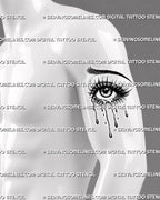 Crying eye tattoo stencil on men’s arm, with heavy lashes, glossy pupil detail, arched brow, dotted shading, and falling tears.