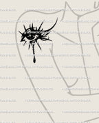 Crying eye tattoo with gothic third eye and tribal aura details placed on women’s shoulder, feminine dark tattoo stencil aesthetic.