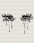 Crying anime eyes tattoo stencil with sharp lashes, teardrops, and star accents, minimalist gothic line art digital download for clean transfer. 