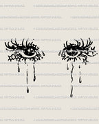 Crying anime eyes tattoo stencil with sharp lashes, teardrops, and subtle star accents; minimalist goth line art digital download, ready for clean tattoo transfer.
