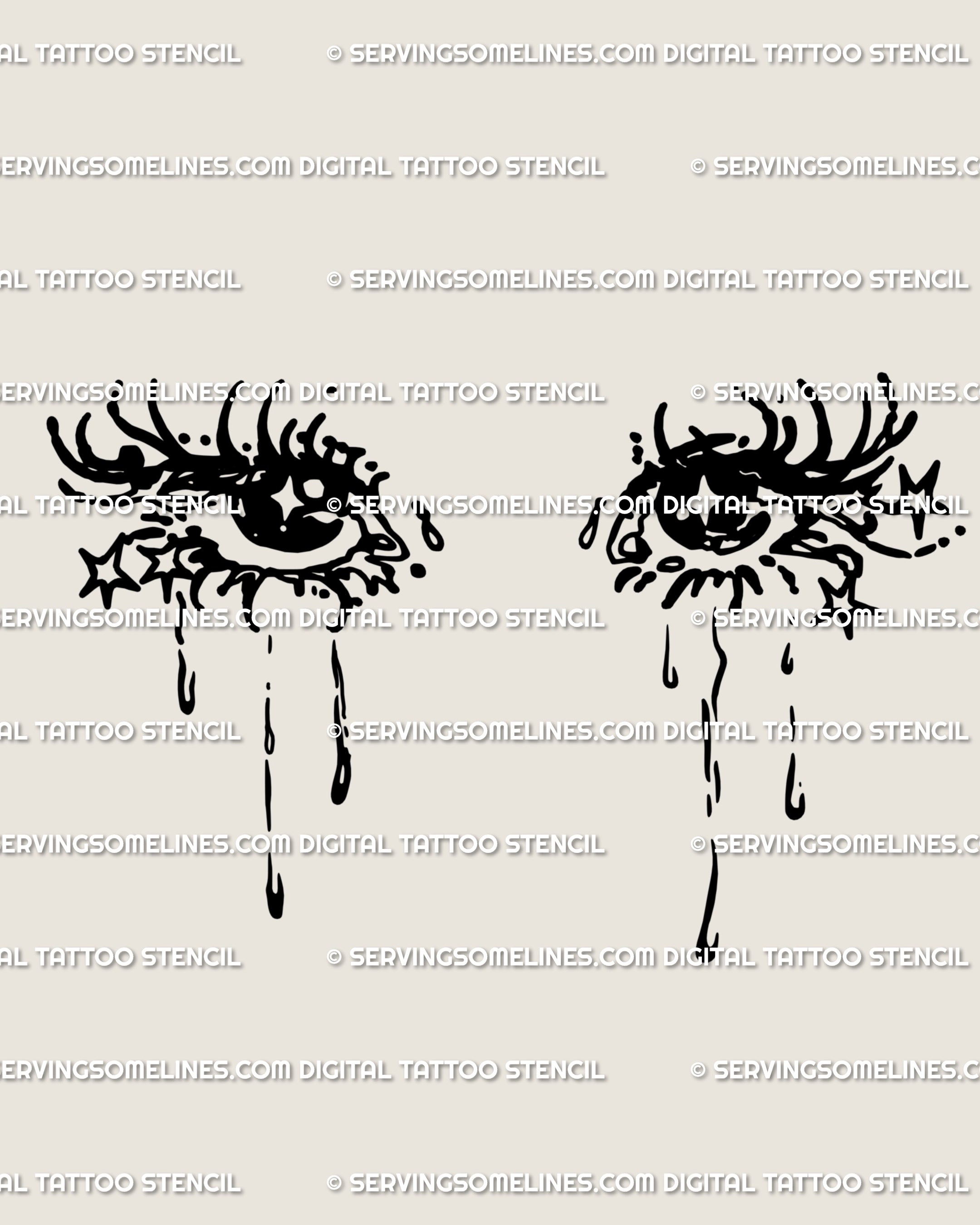 Crying anime eyes tattoo stencil with sharp lashes, teardrops, and subtle star accents; minimalist goth line art digital download, ready for clean tattoo transfer.