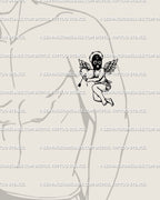 Cupid heart tattoo stencil displayed on men’s arm placement with black mask, arrow detail, barbed halo, and small wings